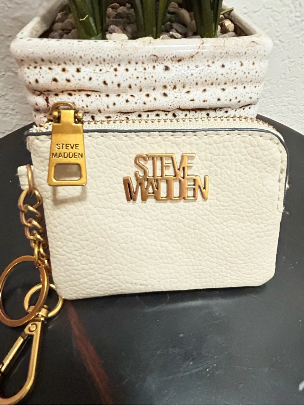 Steve Madden Cream Keyring Zip Pouch with Gold Hardware